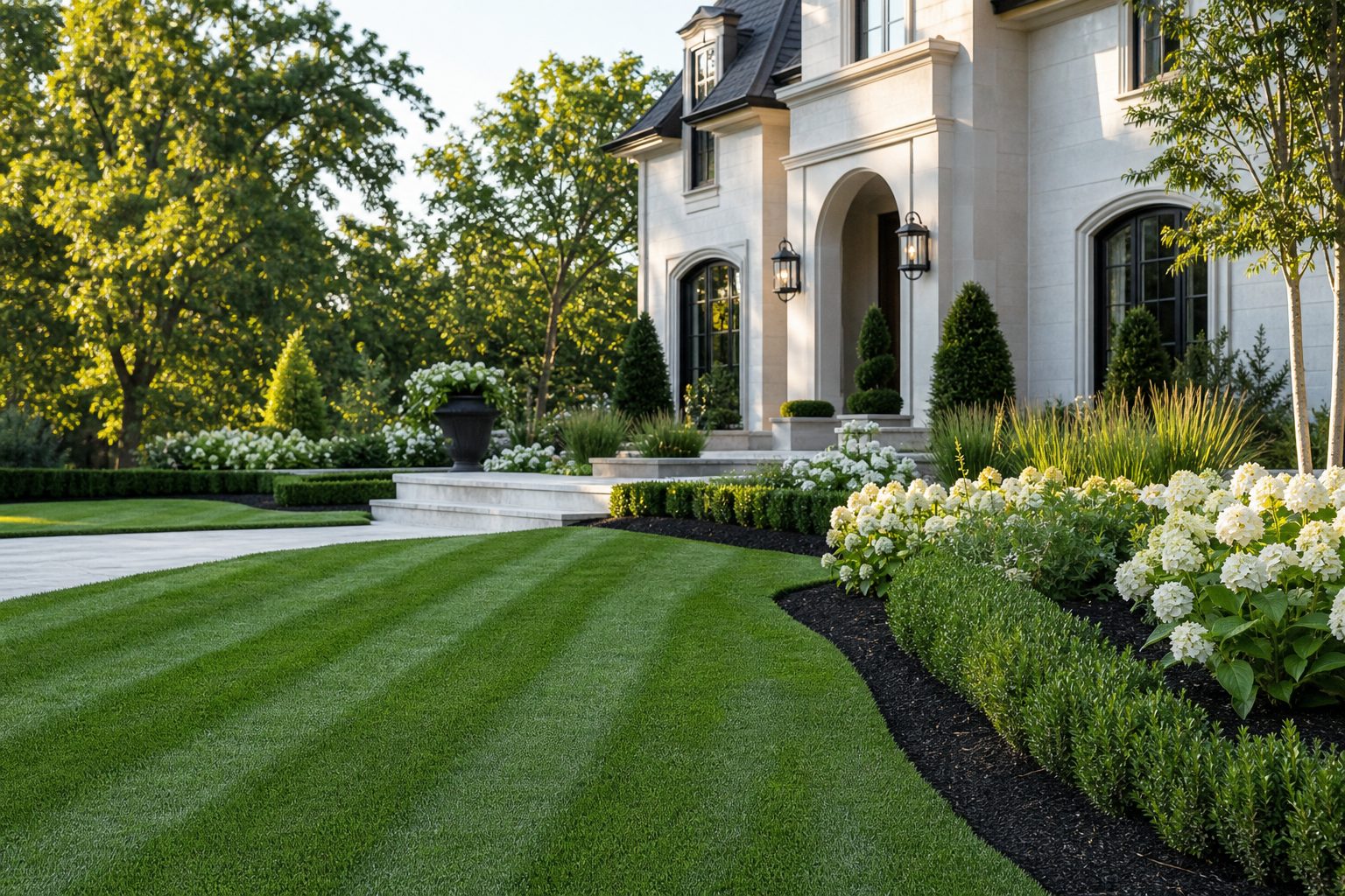 Fresh lawn maintenance and landscaping project