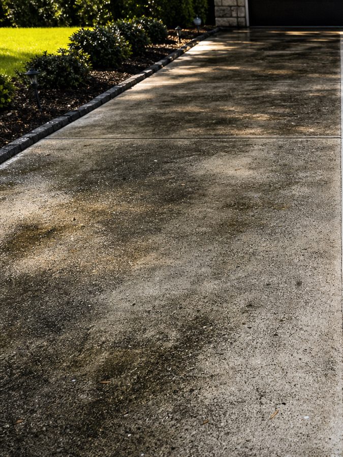 Dirty concrete driveway before pressure washing